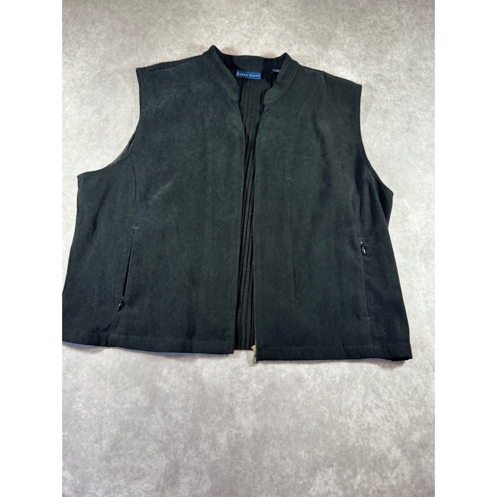 Karen Scott Women XL Black Faux Suede Ribbed Knit Full Zip Vest Mock Neck Pocket